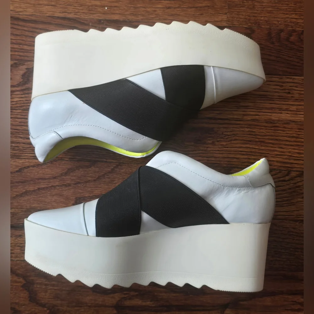 Kendall & Kylie White Black Platform Sneakers with Neon Yellow Lining